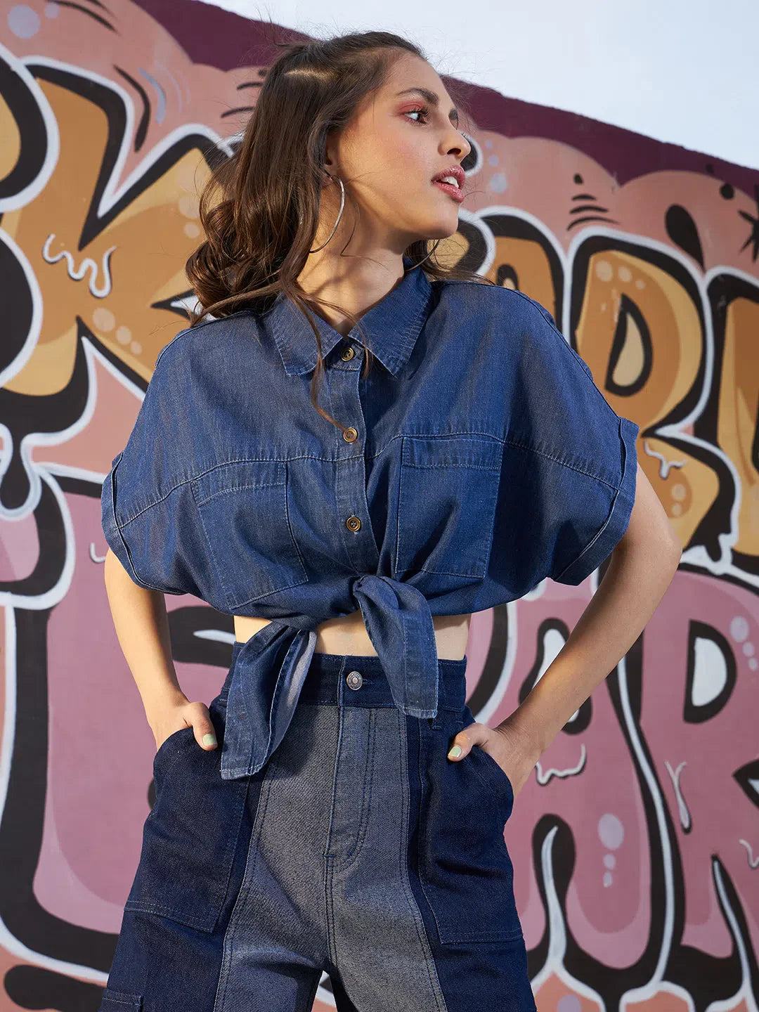 Girls Blue Crop Top - Kids Clothing Oversized Shirt Style
