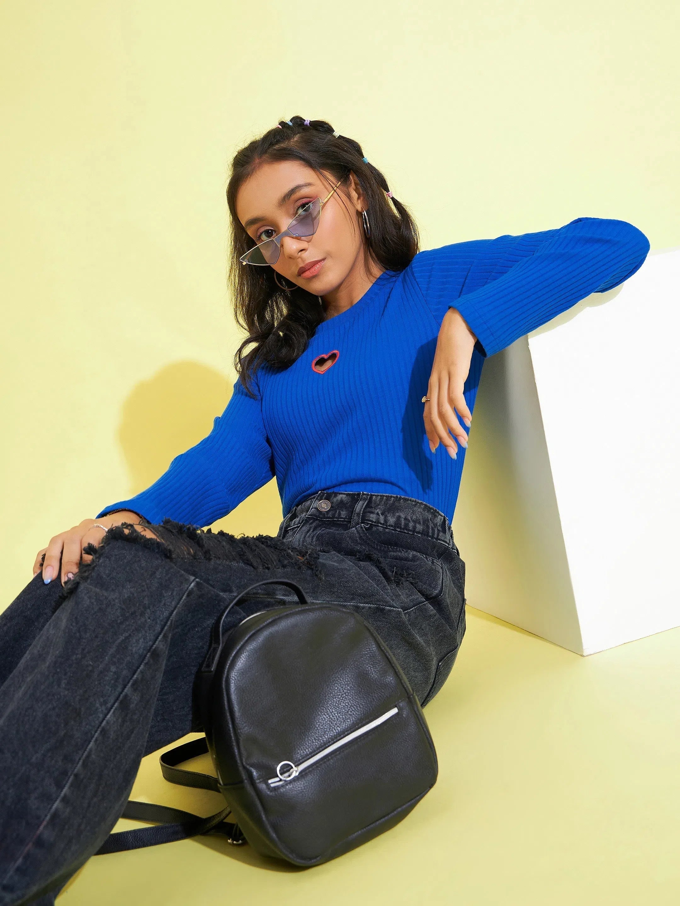 Royal Blue Heart Laser Cut Rib Top | Cute Kids Clothing