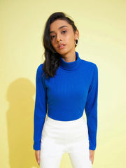 Girls Royal Blue Rib Full Sleeves High Neck Top
