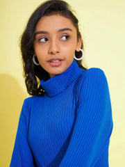 Girls Royal Blue Rib Full Sleeves High Neck Top