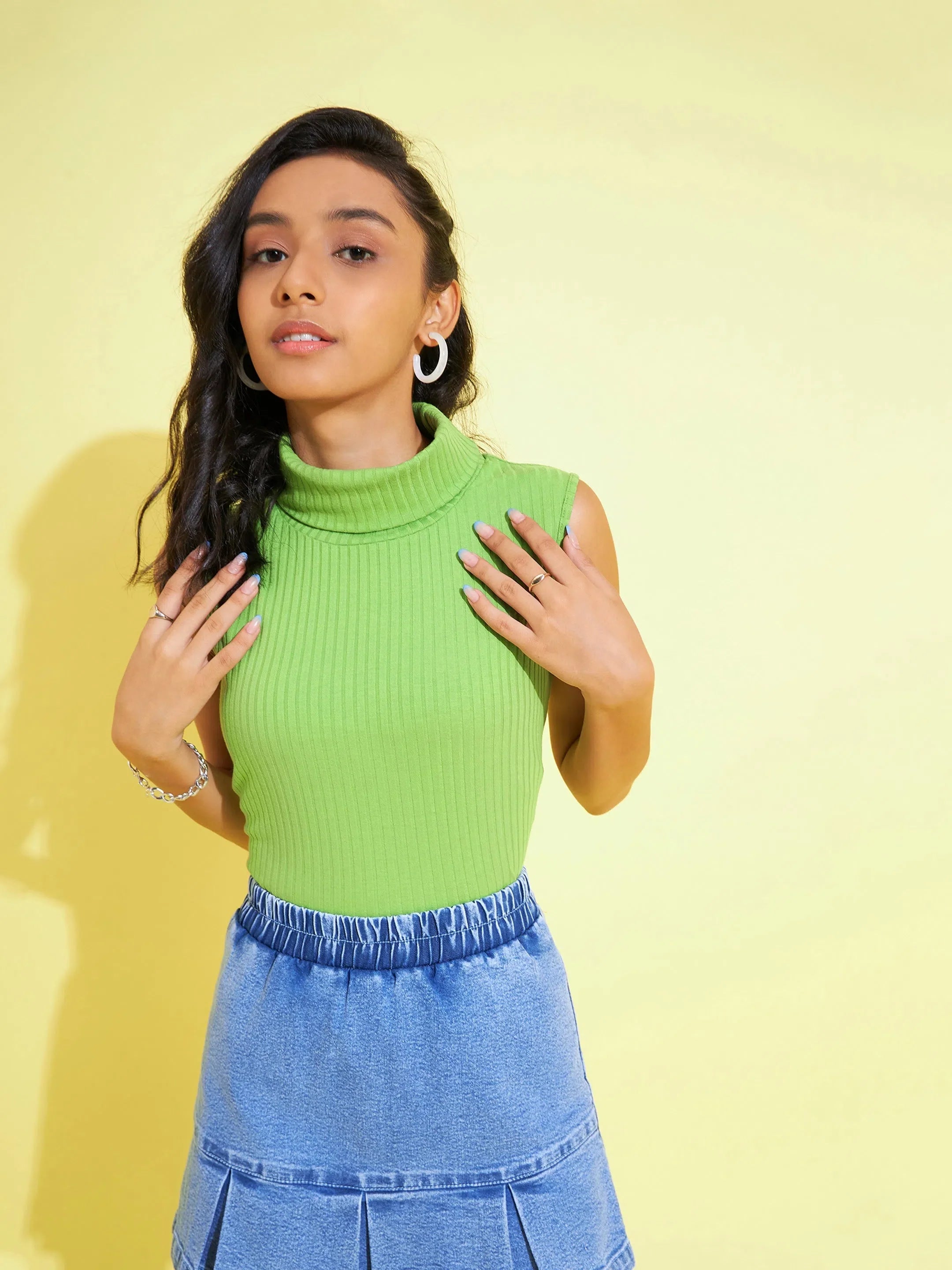 Green Rib Sleeveless Top for Girls | Stylish Kids Clothing