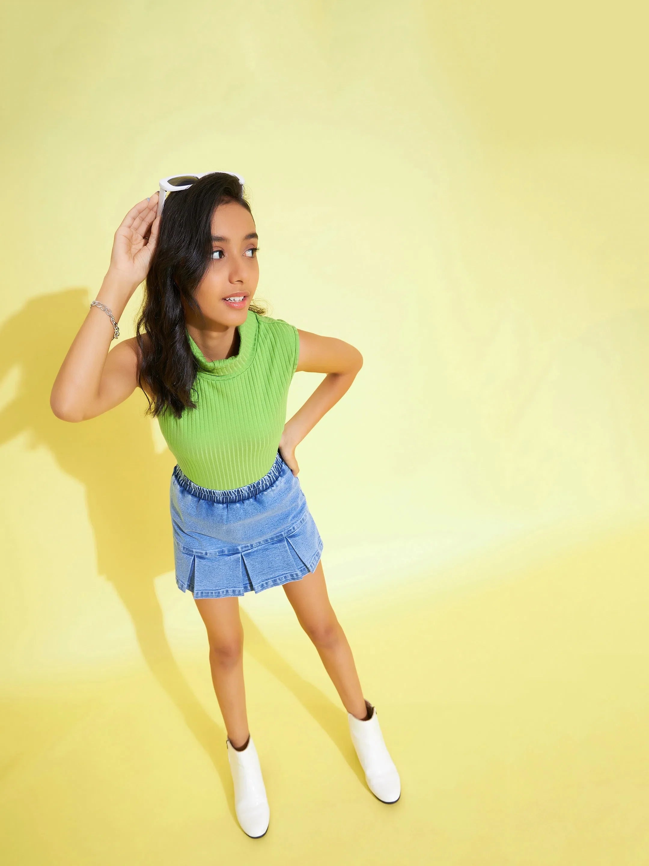 Green Rib Sleeveless Top for Girls | Stylish Kids Clothing