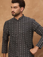 Ethnic Bay Men Black Silk Blend Geometric Printed Straight Kurta With Pant Set-MKSET1523