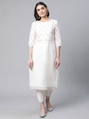 Off White Pure Cotton Printed Floral Kurta With Trousers-AHKUPN-COMBO-488