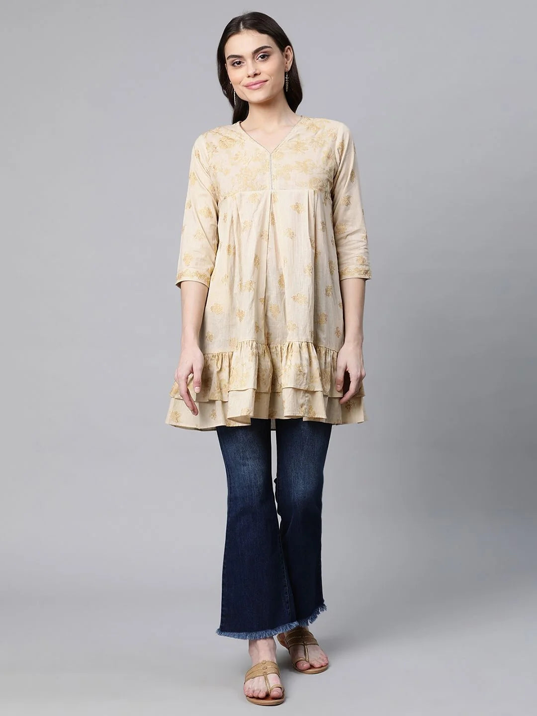 Beige & Gold Printed Tunic Top - Indian Kurtis for Women