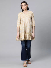 Beige & Gold Cotton Printed Tunic-AHTUCOPGGL-8069