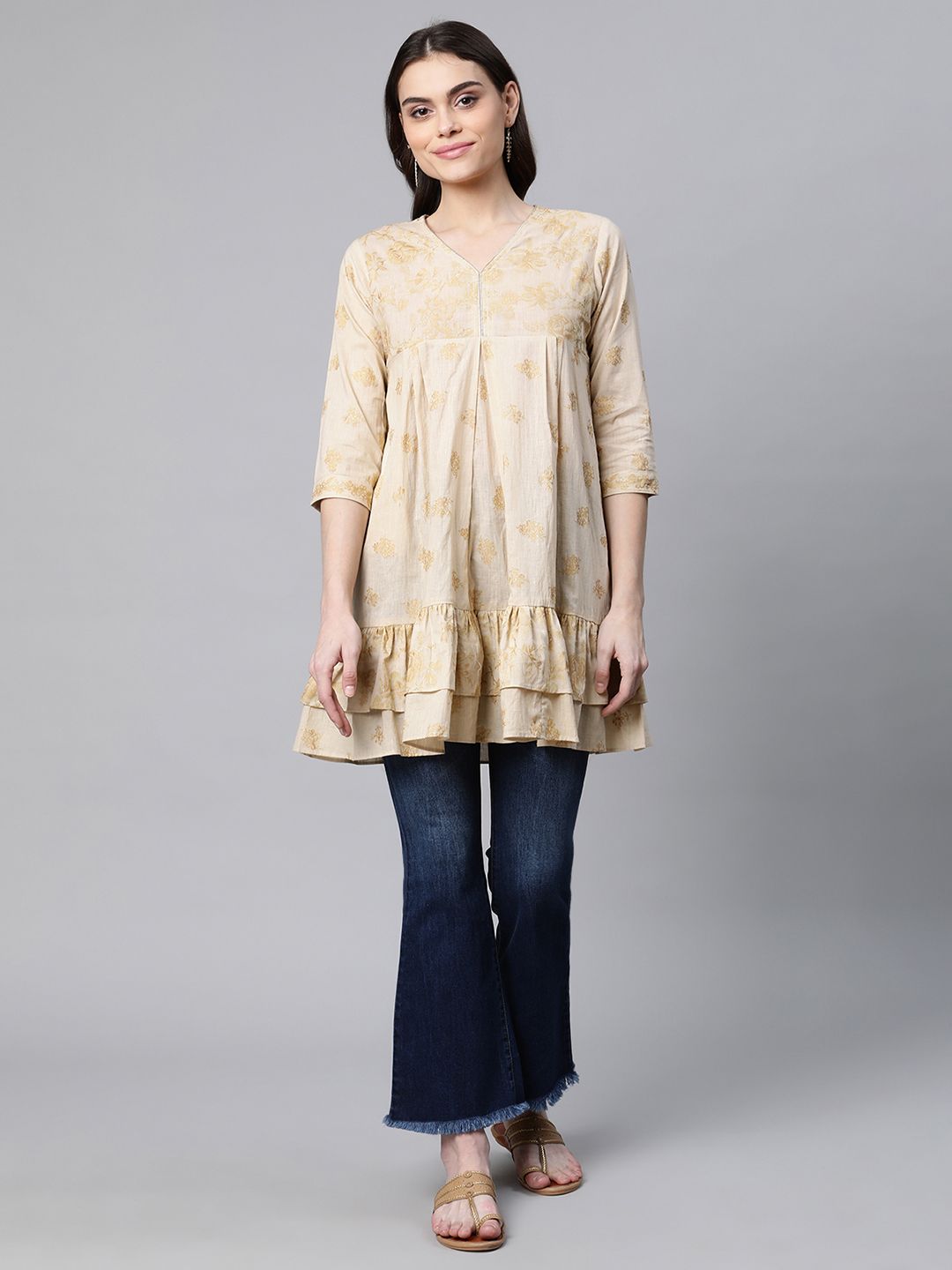 Beige & Gold Printed Tunic Top - Indian Kurtis for Women