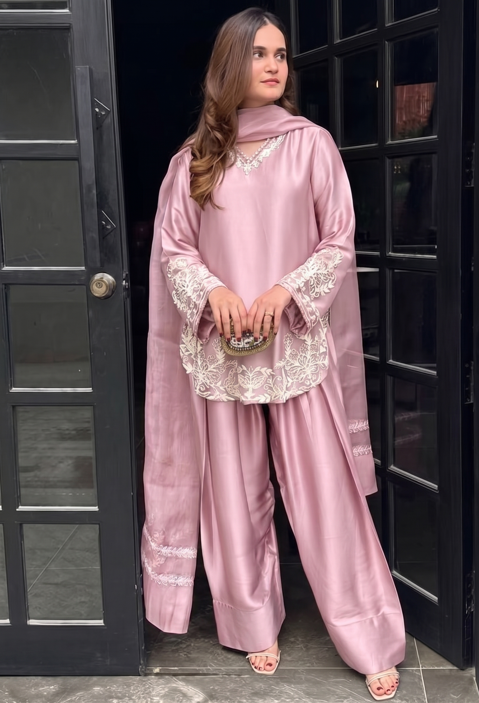 Crepe Kurta Set for Women - Peach | MLWSHKS8912PCH | DesiQlo