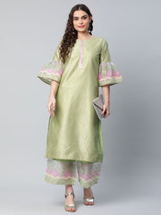 Light Green Poly Silk Gold Printed Kurta Palazzo Set-AHKUPZ-COMBO-428