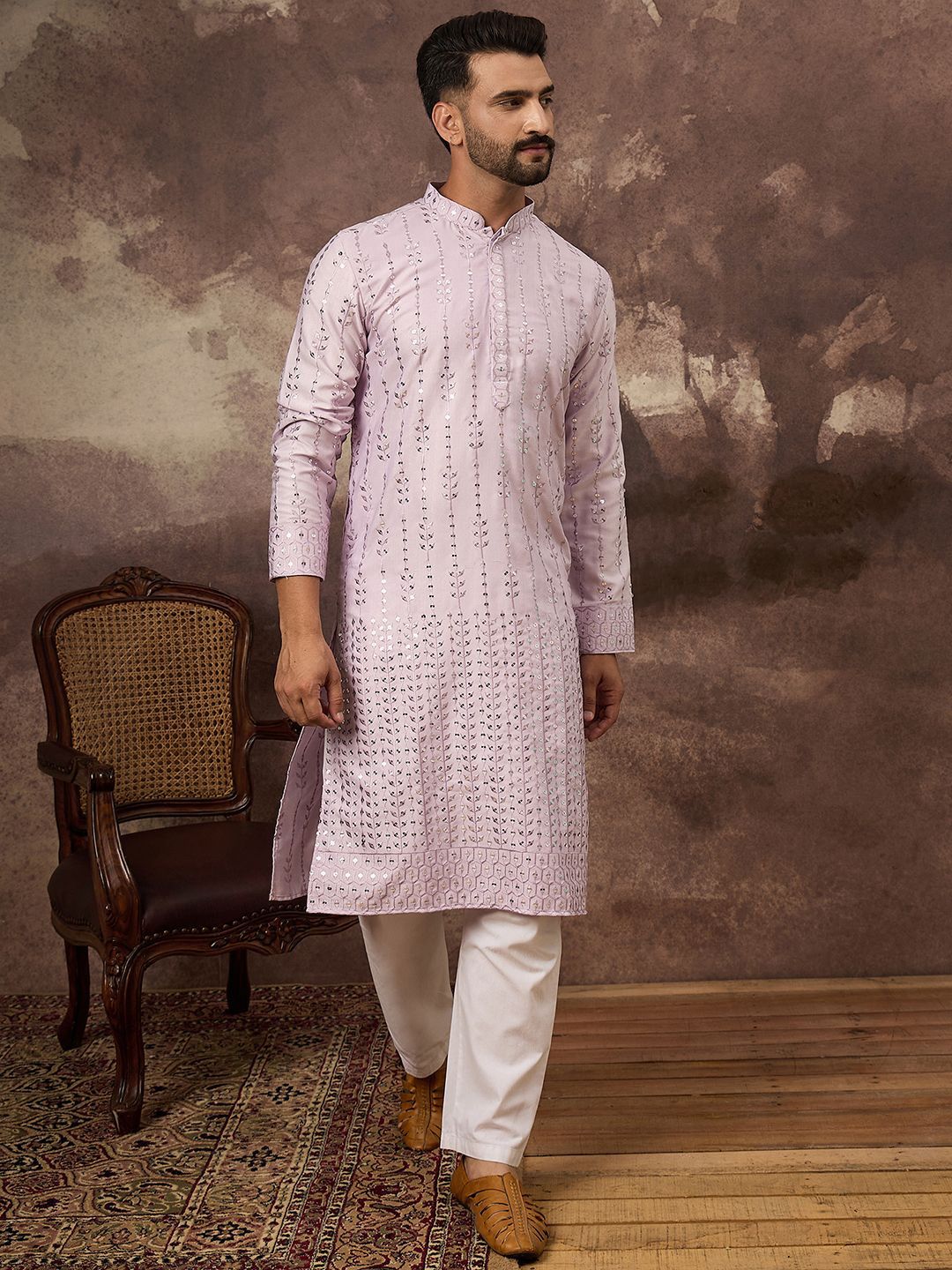 Ethnic Bay Men Lavender Silk Blend Solid Embroidered Straight Kurta With Pant Set-MKSET1359