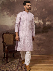 Ethnic Bay Men Lavender Silk Blend Solid Embroidered Straight Kurta With Pant Set-MKSET1359