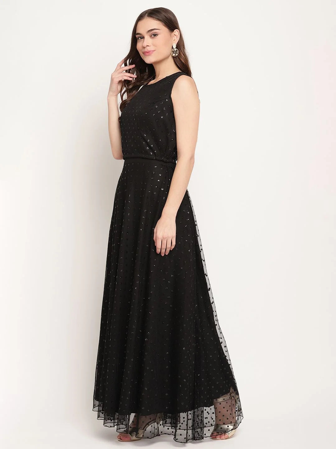 Black Net Glitter Print Top Skirt Set with Dupatta - Lehenga C...