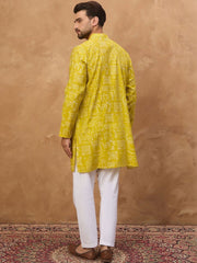Ethnic Bay Men Yellow Viscose Rayon Ethnic Motifs Printed Straight Kurta With Pant Set-MKSET1542