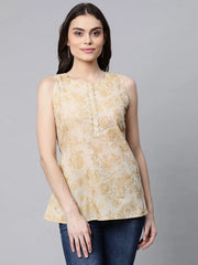 Beige & Gold Cotton Printed Tunic-AHTUCOPGGL-8068