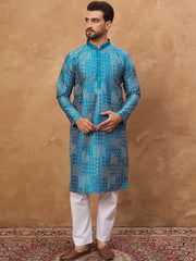 Ethnic Bay Men Blue Silk Blend Geometric Printed Straight Kurta With Pant Set-MKSET1527