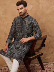 Ethnic Bay Men Black Silk Blend Geometric Printed Straight Kurta With Pant Set-MKSET1528