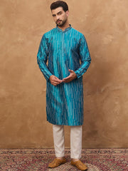Ethnic Bay Men Blue Silk Blend Geometric Printed Straight Kurta With Pant Set-MKSET1519