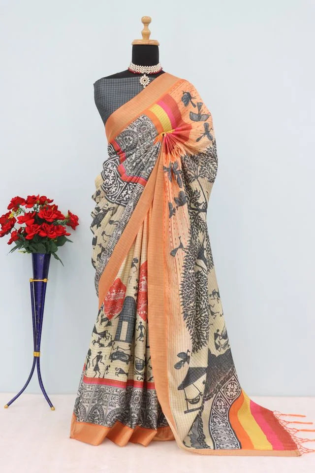 Mysore Silk Digital Print MultiColour Saree With Unstiched Blouse Piece