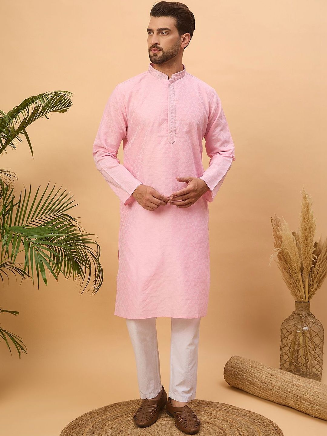 Ethnic Bay Men Pink Silk Blend Solid Embroidered Straight Kurta With Pant Set-MKSET1454