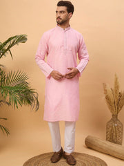 Ethnic Bay Men Pink Silk Blend Solid Embroidered Straight Kurta With Pant Set-MKSET1454