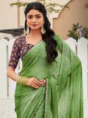 Women's Chiffon Green Embellished Designer Saree With Blouse Piece-OLIVA110