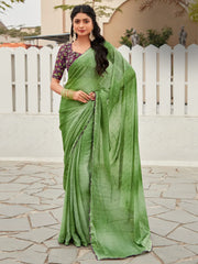Women's Chiffon Green Embellished Designer Saree With Blouse Piece-OLIVA110