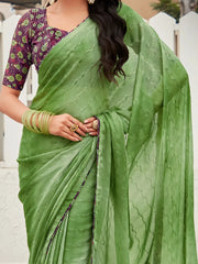 Women's Chiffon Green Embellished Designer Saree With Blouse Piece-OLIVA110