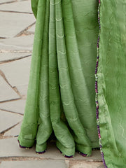 Women's Chiffon Green Embellished Designer Saree With Blouse Piece-OLIVA110