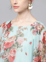 Aqua Blue Poly Silk Kurta With Attached Printed Dupatta-AHKUPSCFDP-785