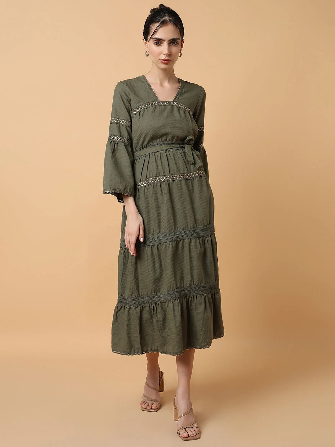 Olive Solid Anarkali Kurta for Women - Square Neck Cotton Kurti