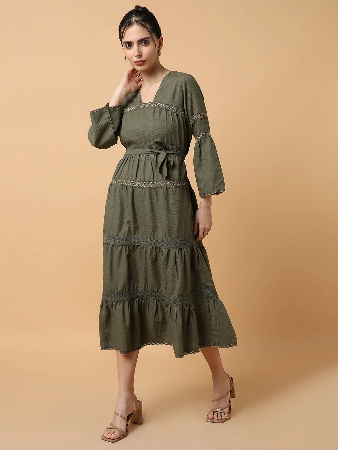 Olive Solid Anarkali Kurta for Women - Square Neck Cotton Kurti