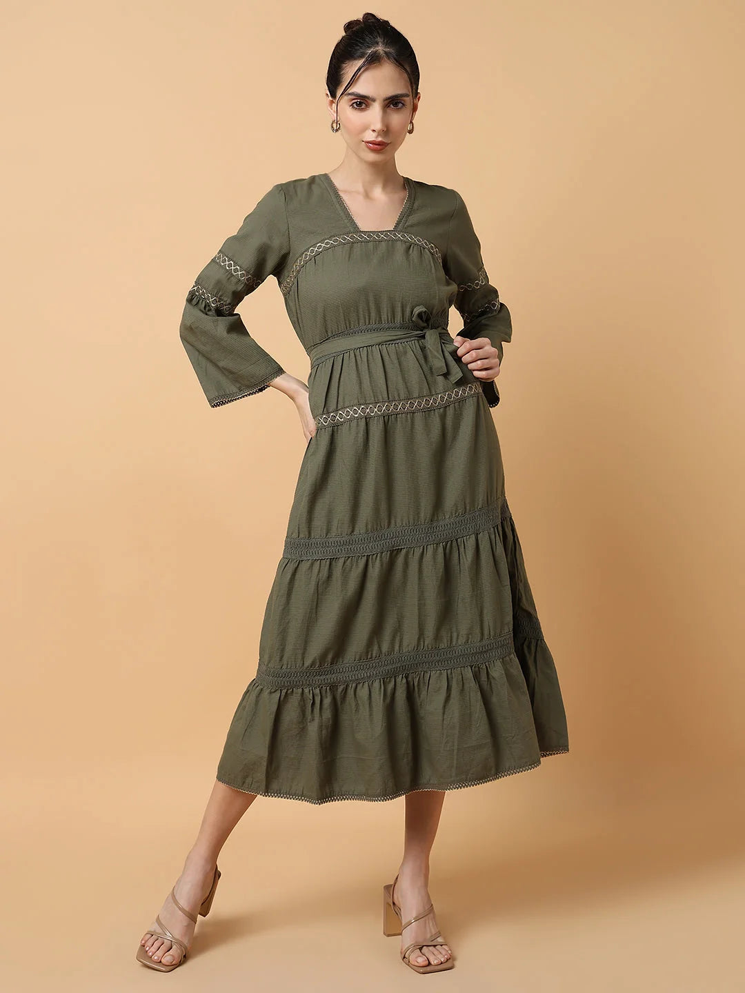 Olive Solid Anarkali Kurta for Women - Square Neck Cotton Kurti