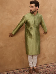 Ethnic Bay Men Green Silk Blend Solid Woven Design Straight Kurta With Pant Set-MKSET1456