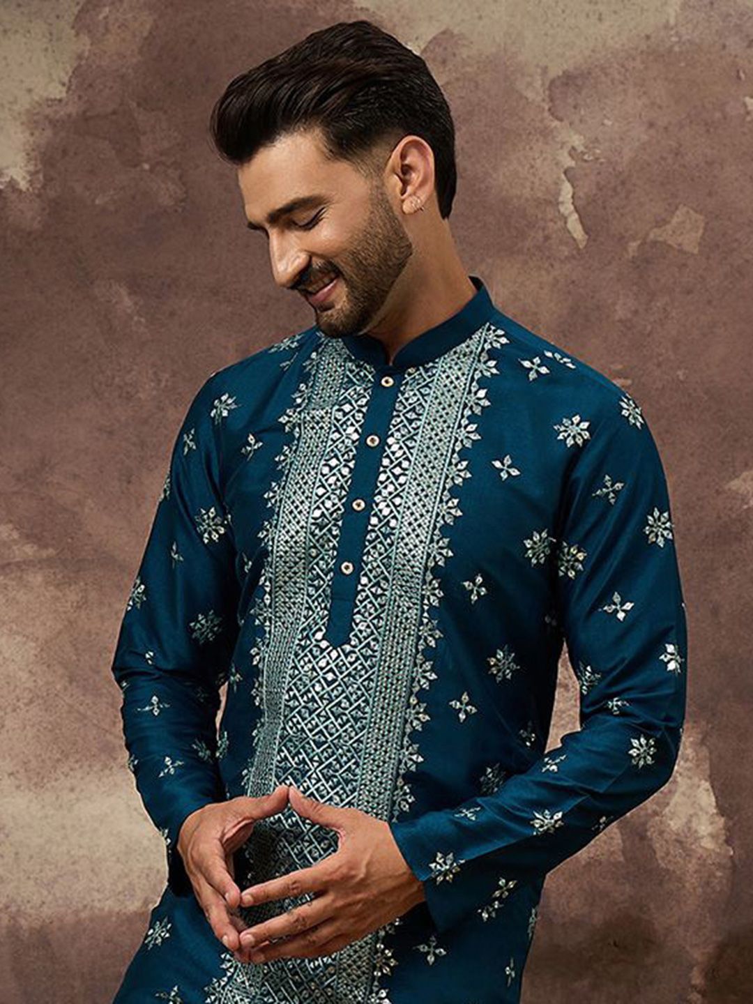 Ethnic Bay Men Blue Silk Blend Solid Embroidered Straight Kurta With Pant Set-MKSET1371