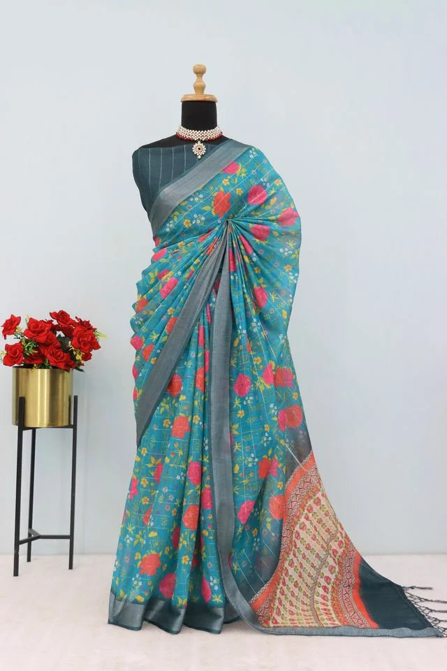 Linen Digital Print Sky Blue Saree With Unstiched Blouse Piece-MPHL-31-SKY