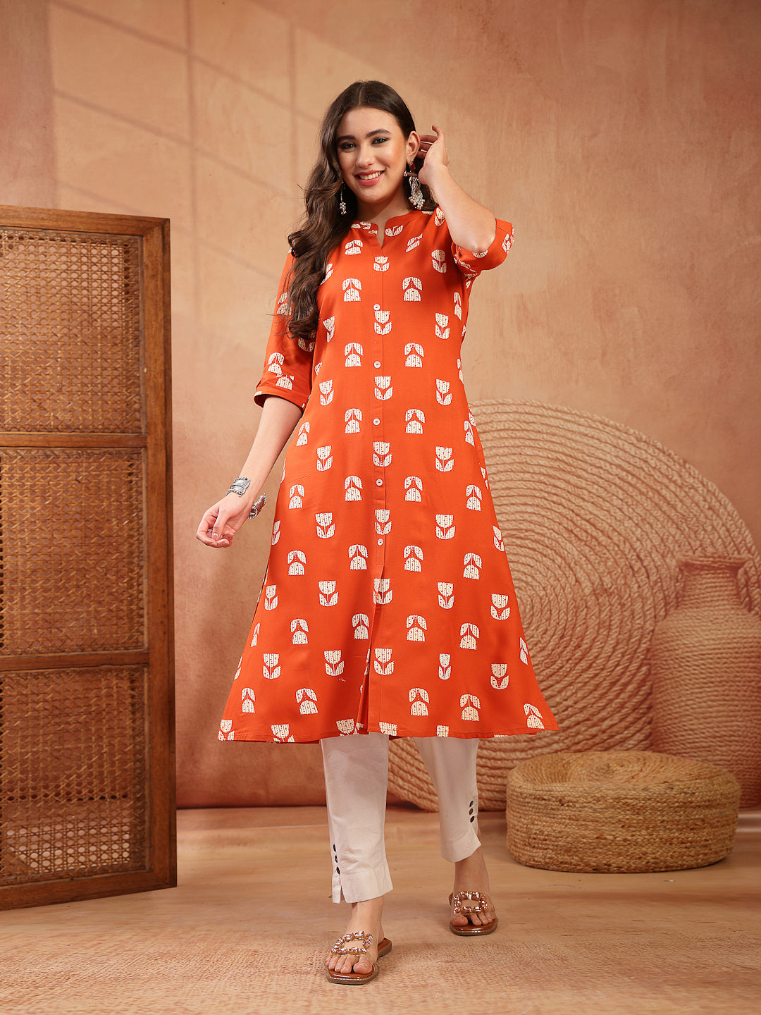 Women's Orange Floral Printed Rayon A-Line Kurta (ORANGECRAFT) | DesiQ