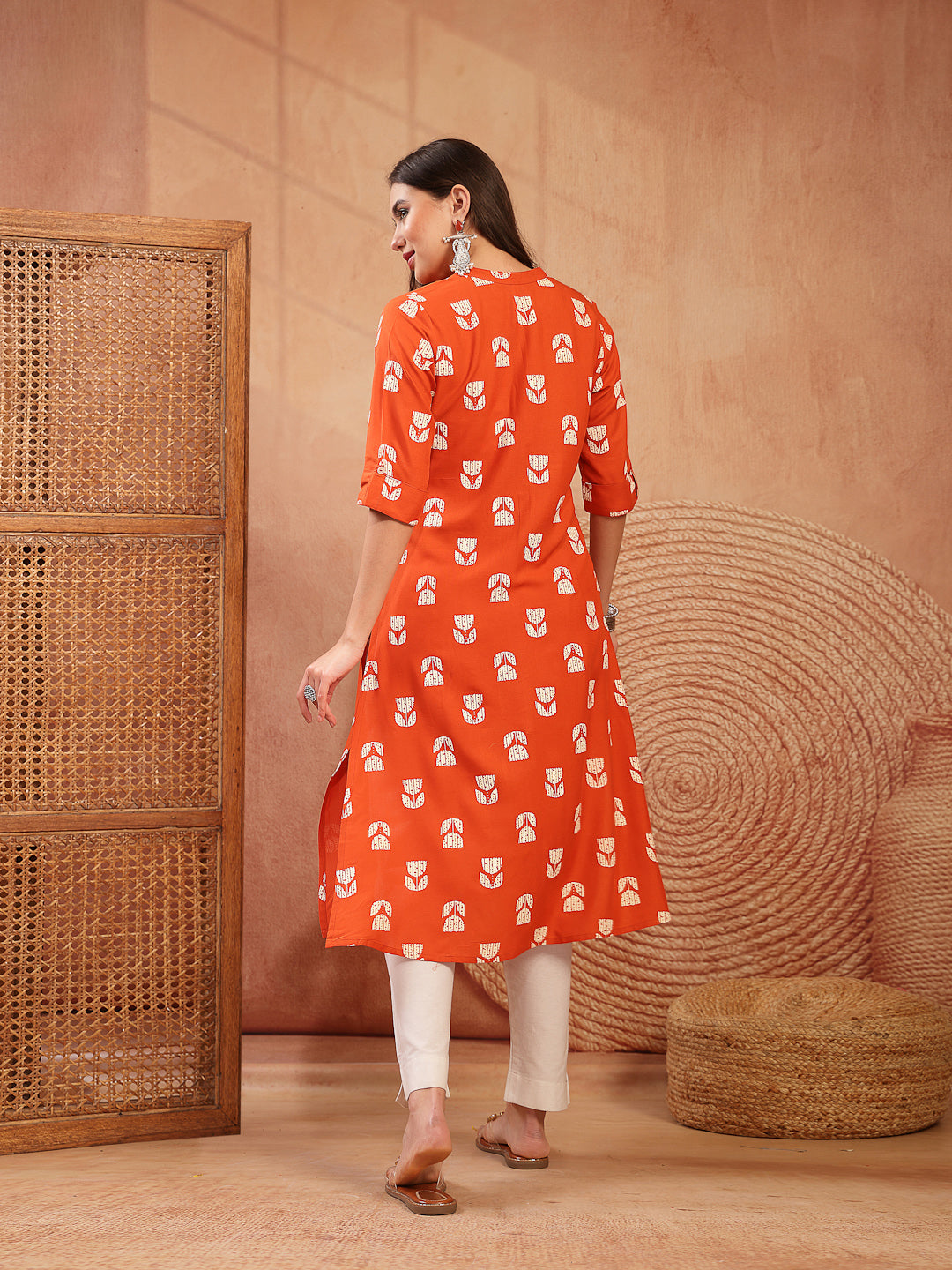 Women's Orange Floral Printed Rayon A-Line Kurta (ORANGECRAFT) | DesiQ
