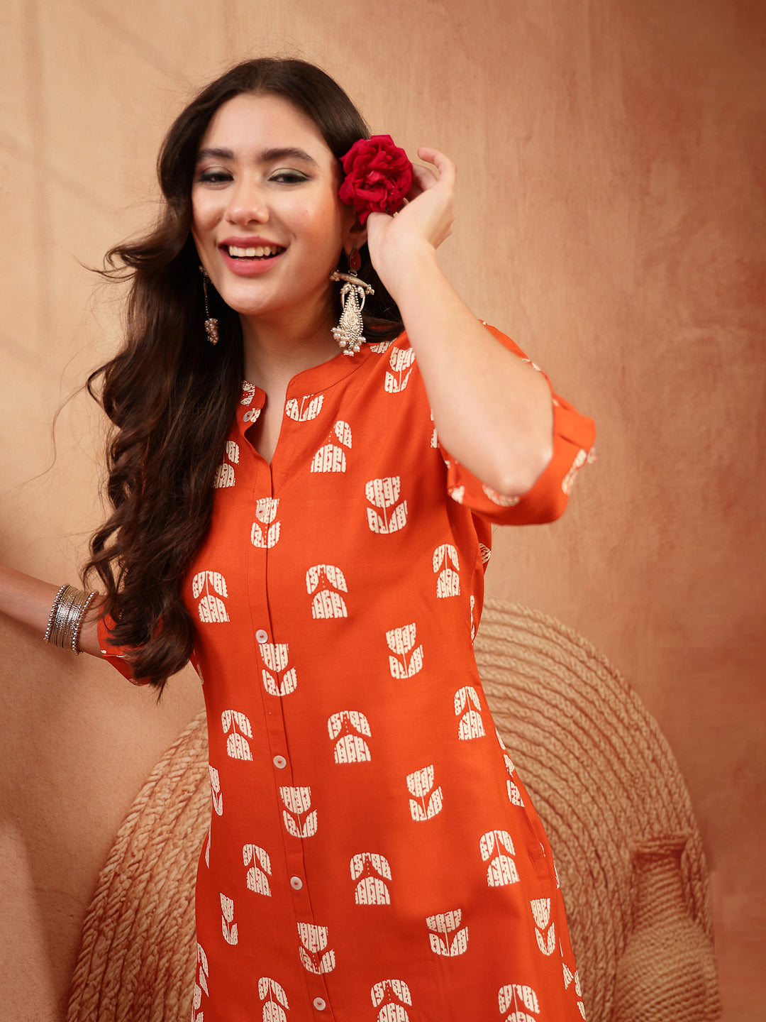Women's Orange Floral Printed Rayon A-Line Kurta (ORANGECRAFT) | DesiQ