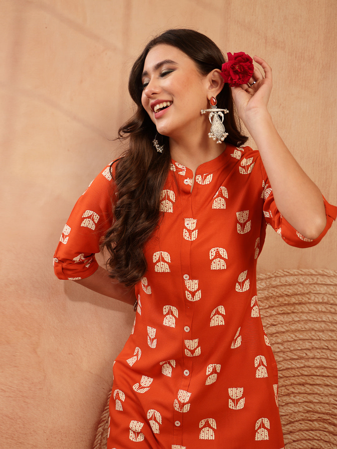 Women's Orange Floral Printed Rayon A-Line Kurta (ORANGECRAFT) | DesiQ