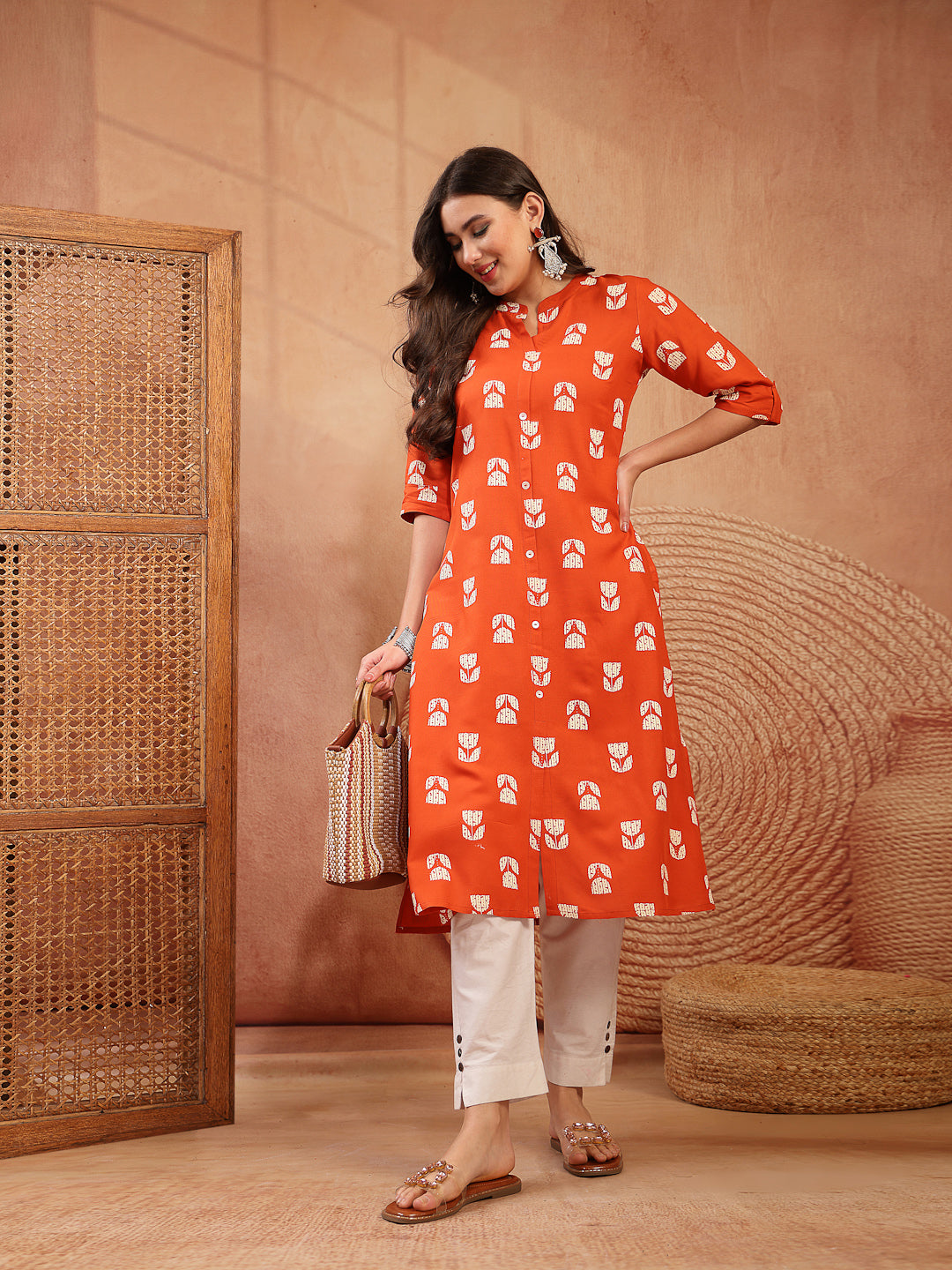 Women's Orange Floral Printed Rayon A-Line Kurta (ORANGECRAFT) | DesiQ