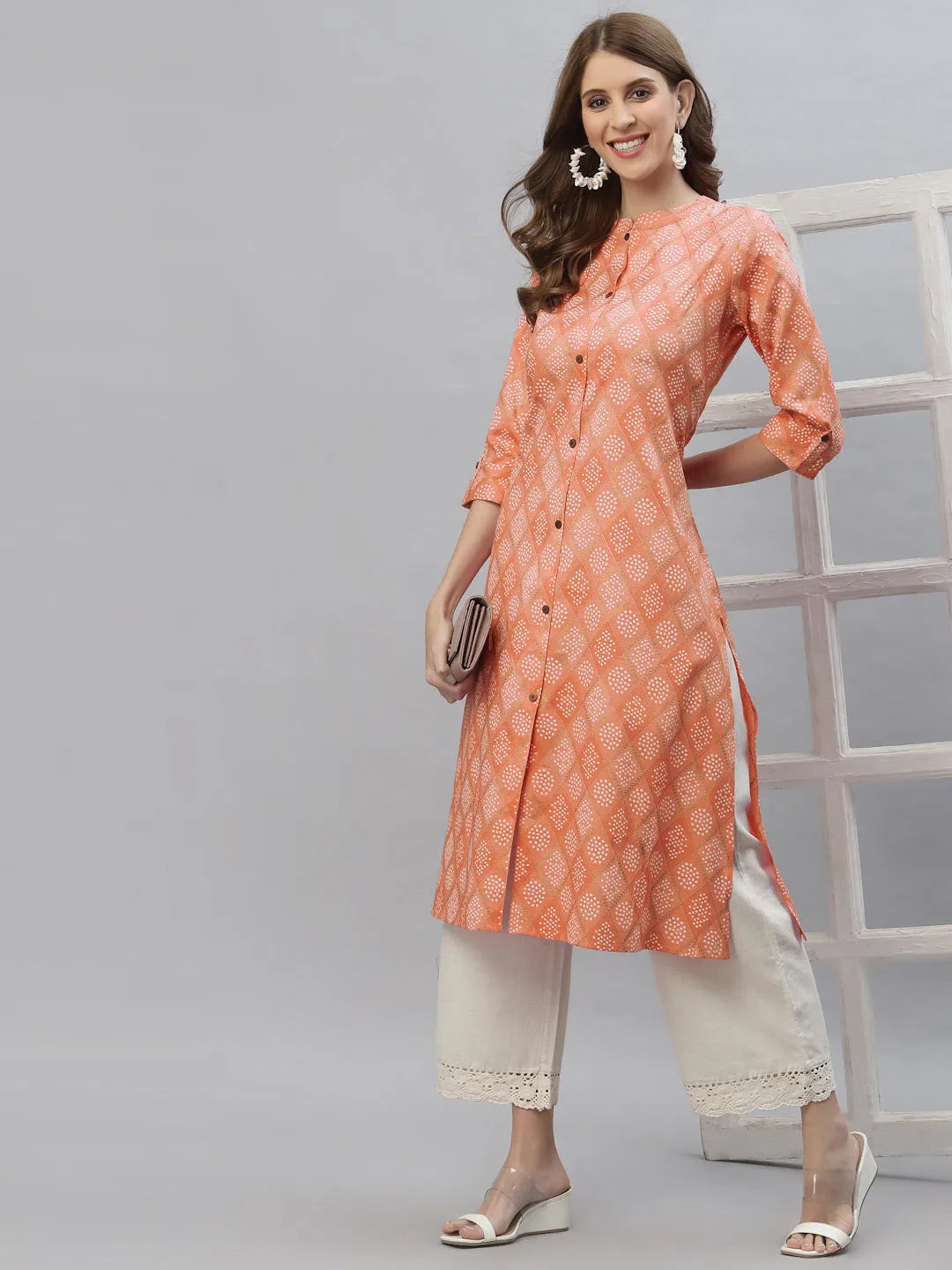 Women's Bandhani Printed Cotton Blend A-Line Kurta-ORANGEKESAR-S