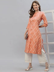 Women's Bandhani Printed Cotton Blend A-Line Kurta-ORANGEKESAR-S
