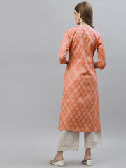 Women's Bandhani Printed Cotton Blend A-Line Kurta-ORANGEKESAR-S