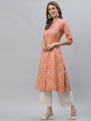 Women's Bandhani Printed Cotton Blend A-Line Kurta-ORANGEKESAR-S