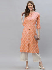 Women's Bandhani Printed Cotton Blend A-Line Kurta-ORANGEKESAR-S