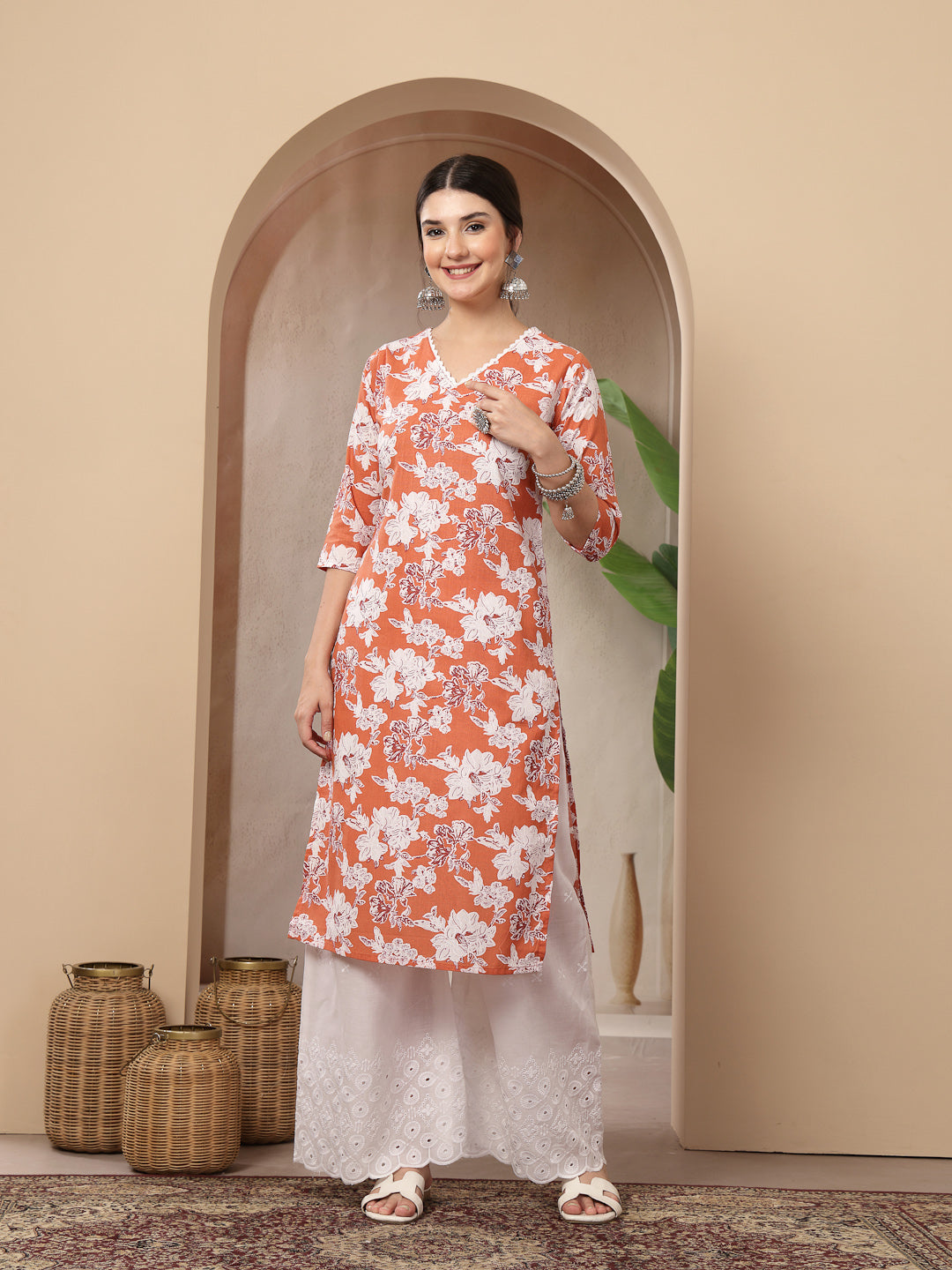 Women's Orange Floral Printed Cotton Straight Kurta (ORANGESUNFEAST) |