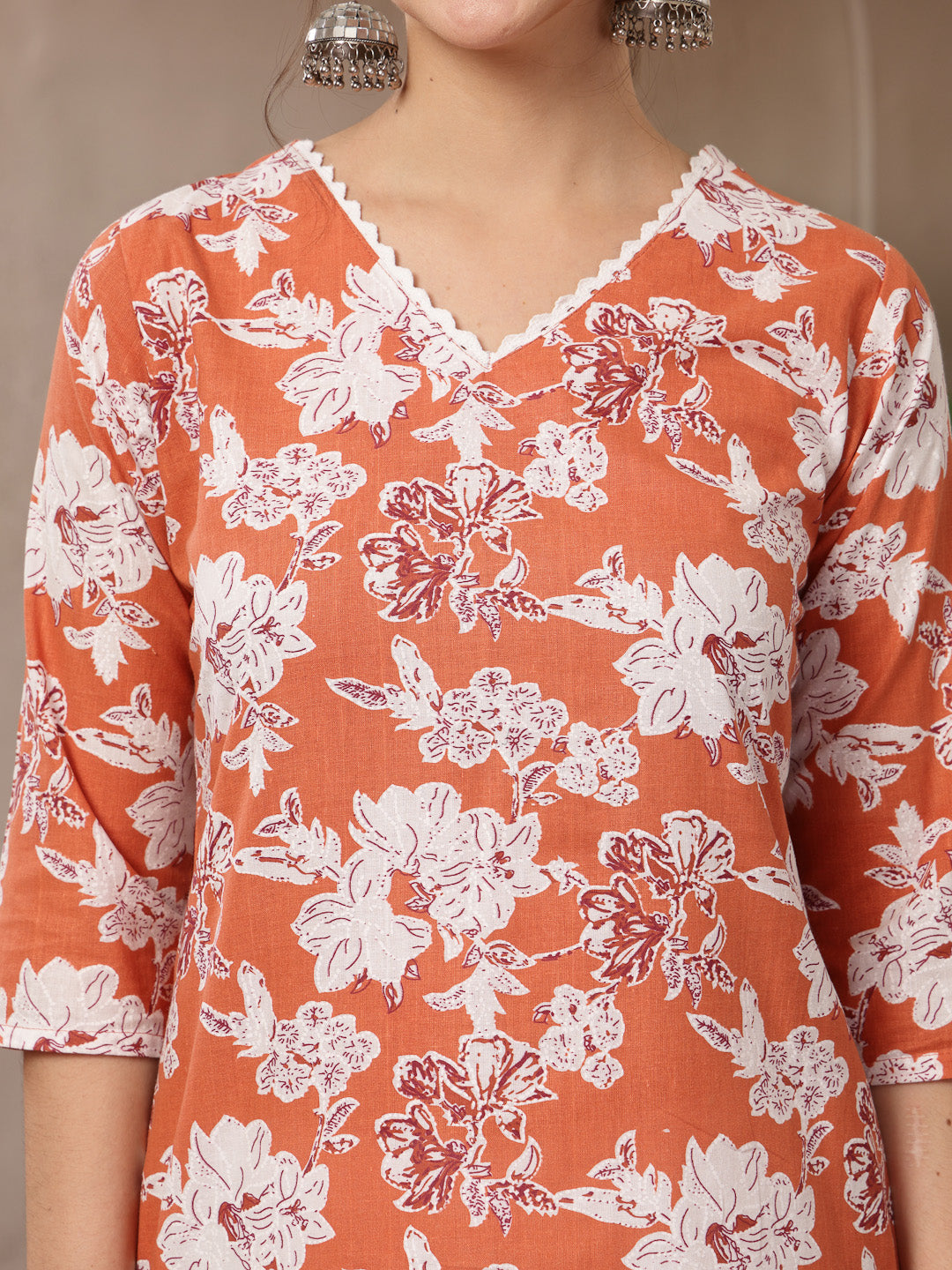 Women's Orange Floral Printed Cotton Straight Kurta (ORANGESUNFEAST) |