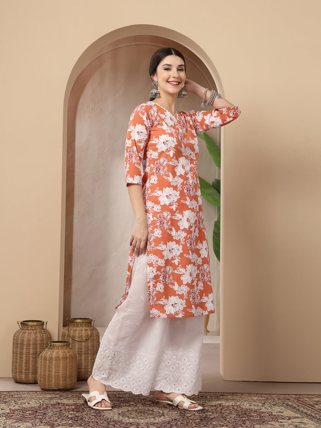 Women's Orange Floral Printed Cotton Straight Kurta (ORANGESUNFEAST) |