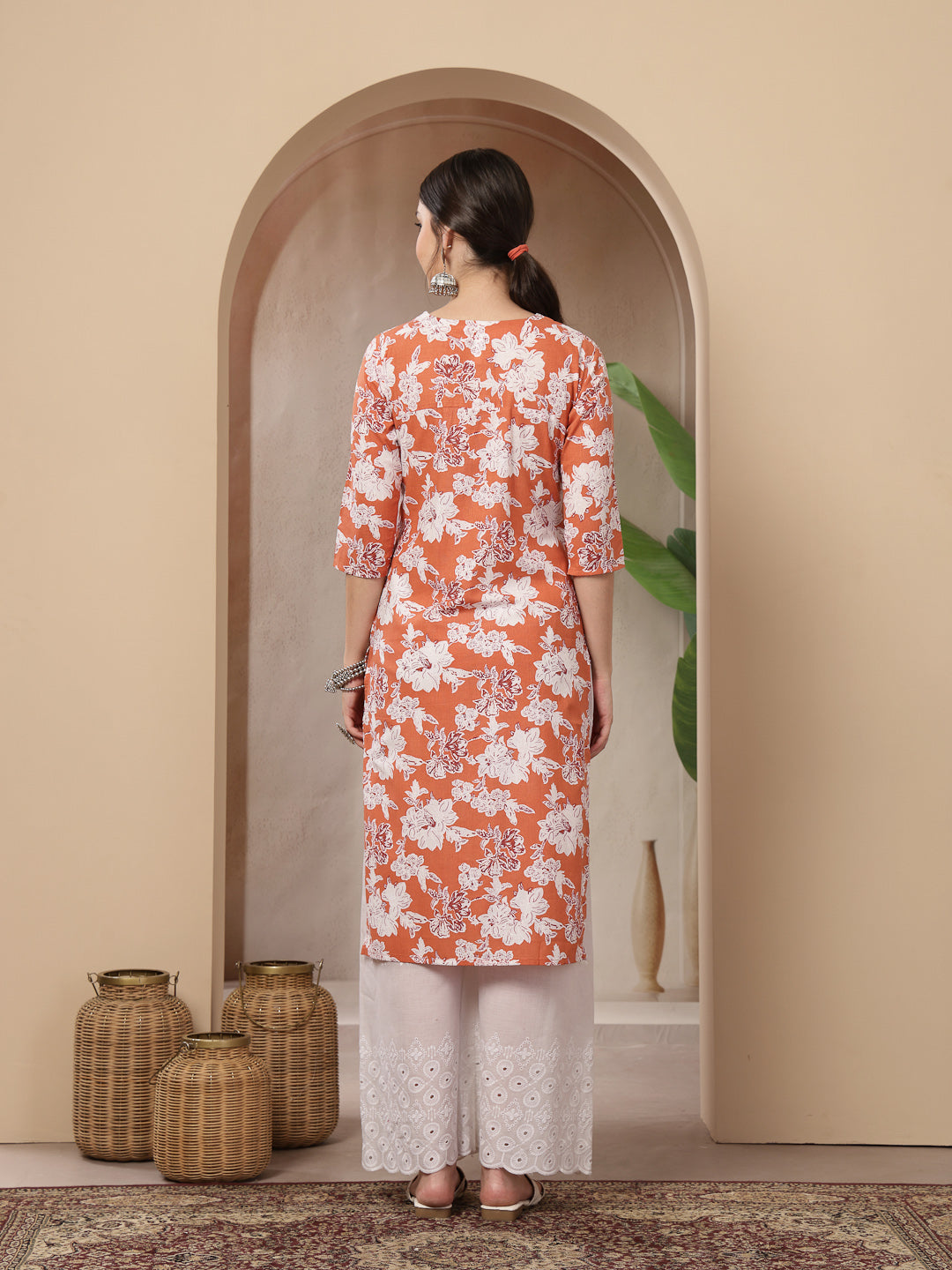 Women's Orange Floral Printed Cotton Straight Kurta (ORANGESUNFEAST) |