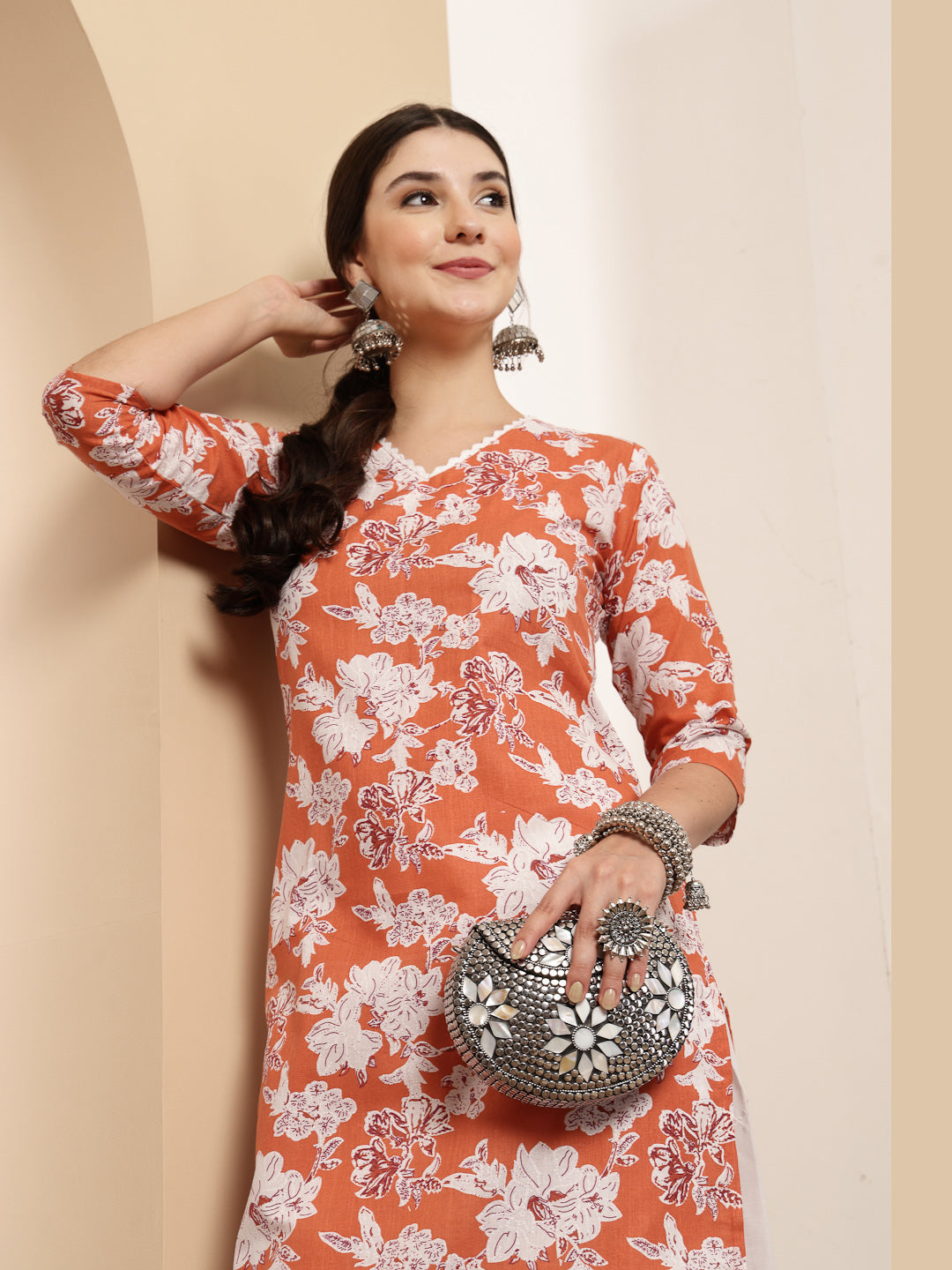 Women's Orange Floral Printed Cotton Straight Kurta (ORANGESUNFEAST) |